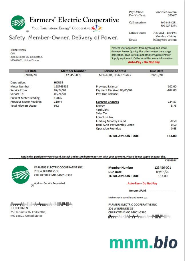 USA Ohio Farmer' s Electric Cooperative rachunek za media template in Word an PDF format